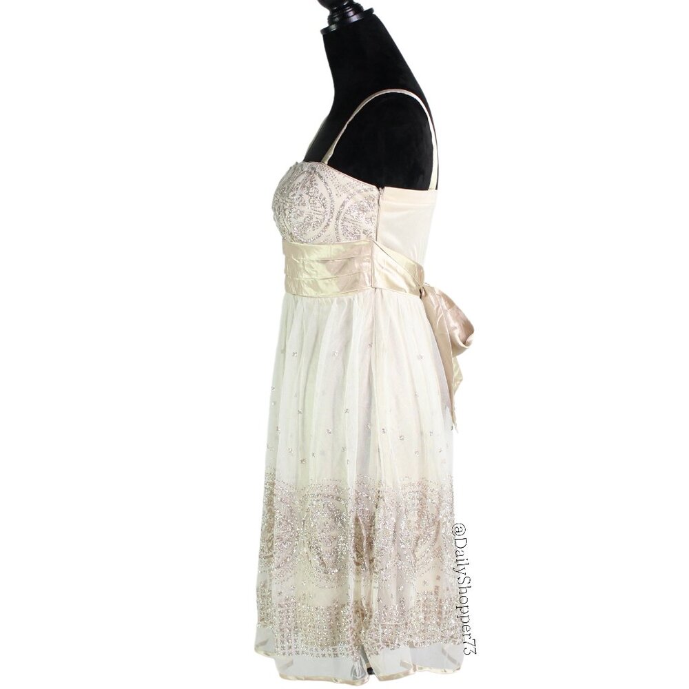 R&M Richards Women's Petite Gold Glitter Tulle Satin Tie Waist Empire Midi Dress - Picture 2 of 5